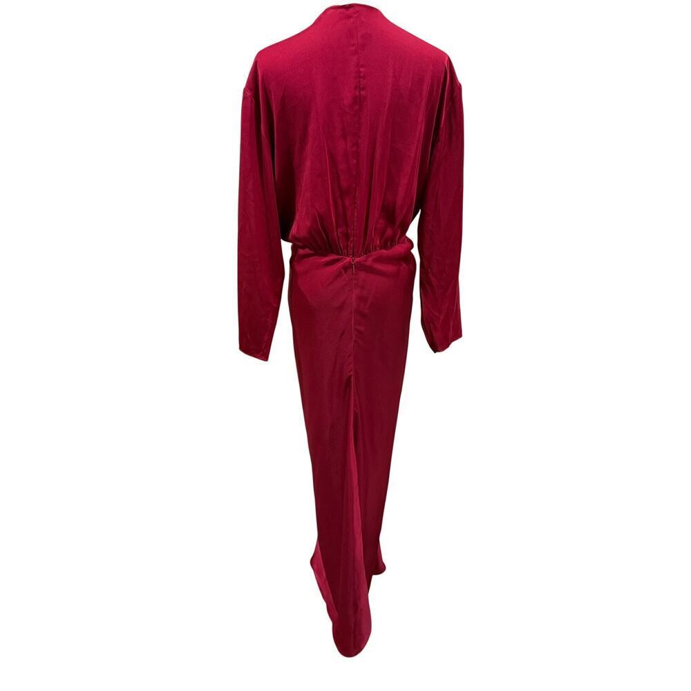 Mango Red Burgundy Satin Knot Front Maxi Dress Deep V Long Sleeve Sexy Cocktail - Picture 3 of 10